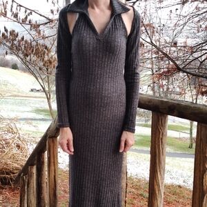 Elegant Gray Halter Top Ribbed Dress With Matching Bolero